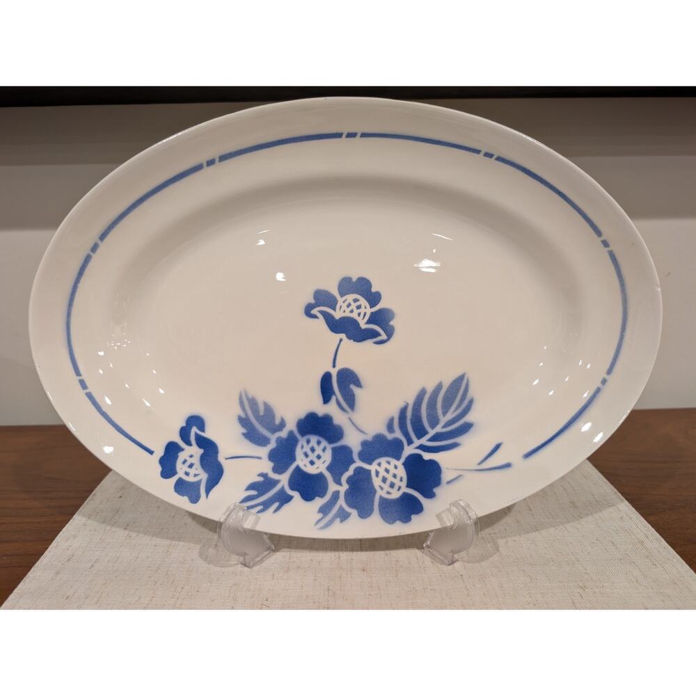 Vintage Orchies Moulin des Loups France Oval Platter Blue Floral Ceramic